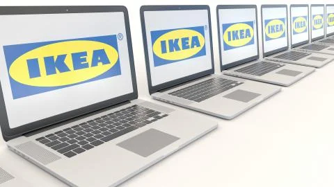 Modern laptops with Ikea logo. Computer technology conceptual editorial 3D Illustrazione stock