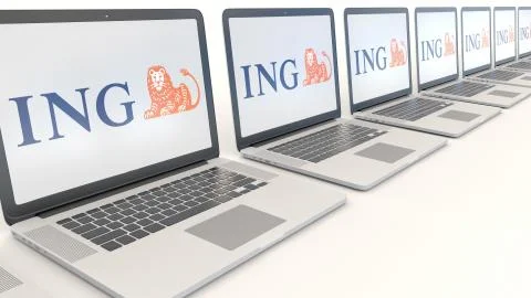 Modern laptops with ING Group logo. Computer technology conceptual editorial 3D Illustrazione stock
