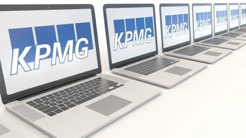 Modern laptops with KPMG logo. Computer technology conceptual editorial 3D Stock-Illustration
