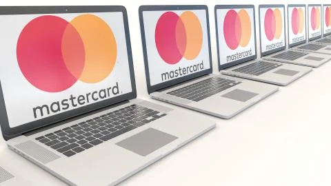 Modern laptops with MasterCard logo. Computer technology conceptual editorial 3D Illustrazione stock