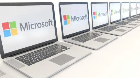 Modern laptops with Microsoft logo. Computer technology conceptual editorial 3D イラスト素材