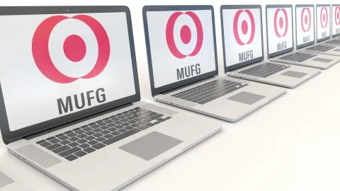 Modern laptops with MUFG logo. Computer technology conceptual editorial 3D Illustrazione stock