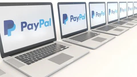 Modern laptops with PayPal logo. Computer technology conceptual editorial 3D 스톡 일러스트