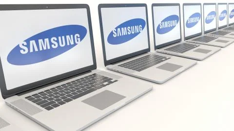Modern laptops with Samsung logo. Computer technology conceptual editorial 3D 스톡 일러스트