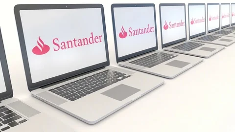 Modern laptops with Santander Serfin logo. Computer technology conceptual Stock Footage 73062101