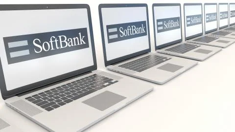 Modern laptops with SoftBank logo. Computer technology conceptual editorial 3D Illustrazione stock