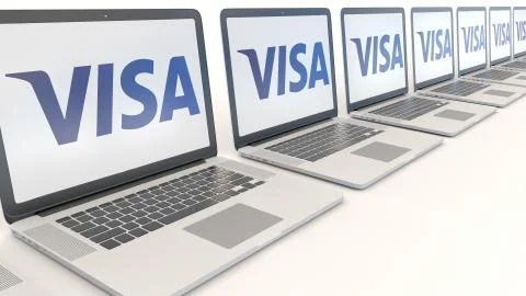 Modern laptops with Visa Inc. logo. Computer technology conceptual editorial 3D Illustrazione stock