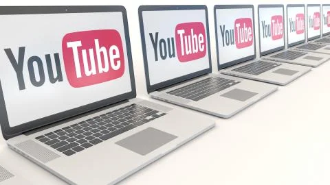 Modern laptops with YouTube logo. Computer technology conceptual editorial 3D 스톡 일러스트