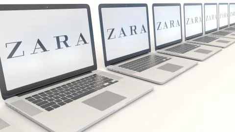 Modern laptops with Zara logo. Computer technology conceptual editorial 3D 스톡 일러스트