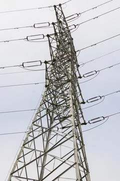 Modern large high voltage electric tower closeup Foto stock
