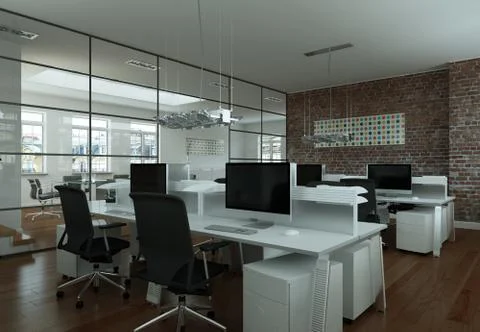 Modern large office interior Design 3d rendering Ilustração Stock