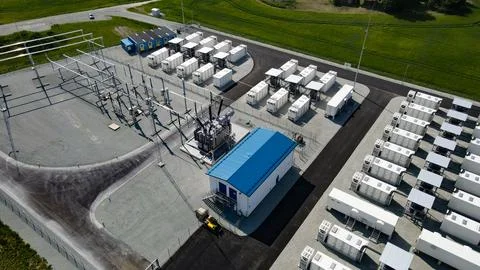 Modern large scale battery storage park optimizing grid energy Stock Photos