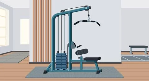 Modern lat pulldown cable machine, home gym fitness studio. weights trainin.. Stock Illustration