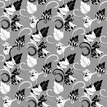 Modern leafy seamless pattern. Vector floral patterned grey background with b Stock Illustration