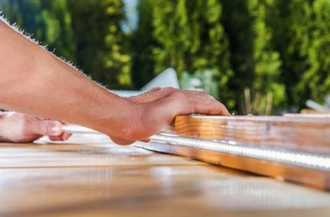 Modern LED Lighting Installation Inside Wooden Garden Elements Stock Photos