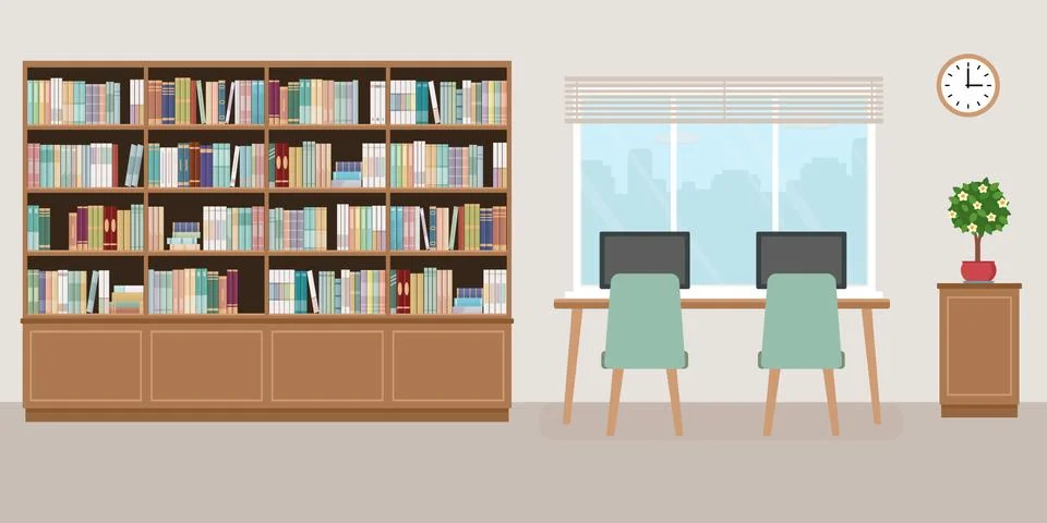 Modern library empty interior with bookcase, table, chairs and computers. Stock Illustration