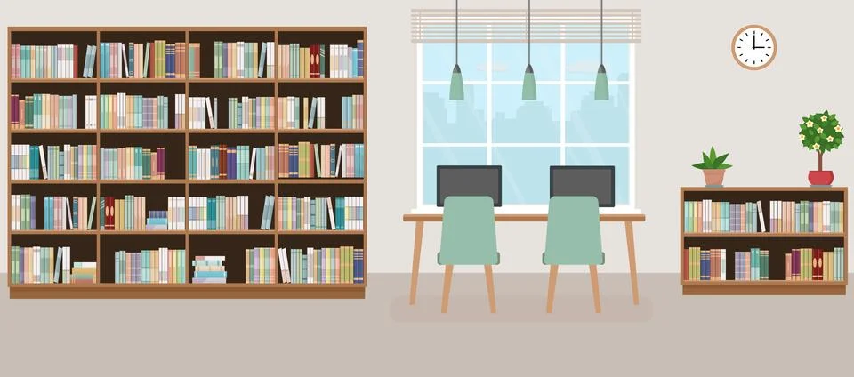 Modern library empty interior with bookcase, table, chairs and computers. Stock Illustration