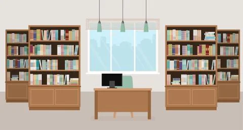 Modern library empty interior with bookcases, table, chair and computers. Stock Illustration