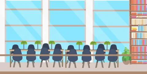 Modern library interior empty no people bookstore with bookshelves round table Stock Illustration