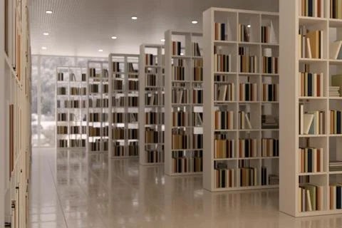 Modern Library Interior with Rows of White Bookshelves and Books Stock Illustration