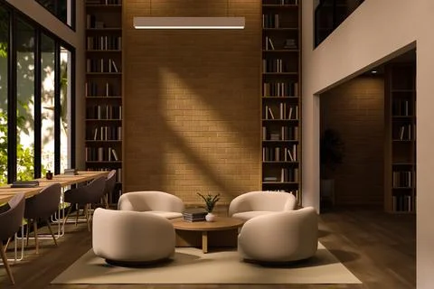 Modern Library Lounge Area with Round Armchairs and Brick Accent Wall Stock Illustration