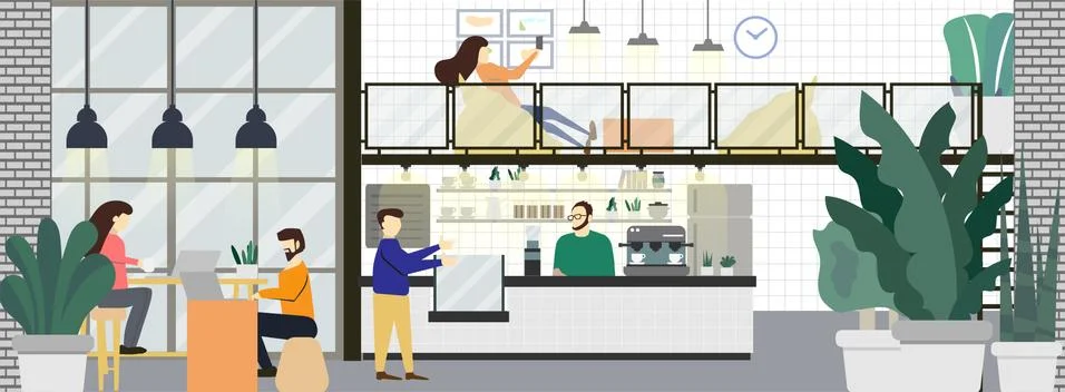Modern lifestyle people characters in loft cafe coffee shop interior Stock Illustration