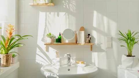 Modern light bathroom in eco-friendly style Stock Footage 159642988