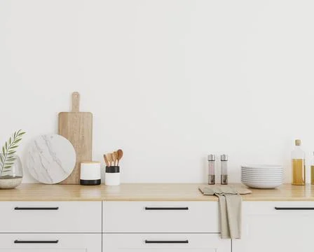 Modern light kitchen interior, wall mockup, 3d render modern light kitchen... Stock Photos