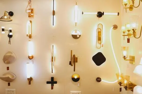Modern Lighting Store Interior with Decorative Fixtures Stock Photos