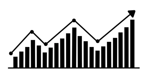 Modern line graph monitors rising corporate investment metrics data. Techni.. Stock Footage 338240285
