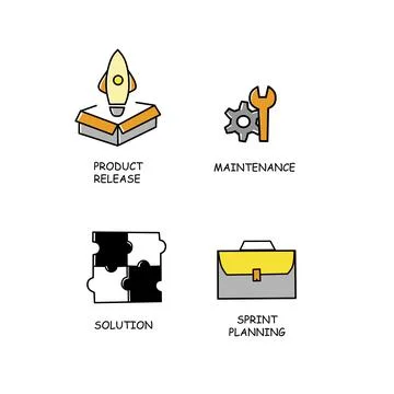 Modern linear button with startup icons on light background. Innovation Stock Illustration