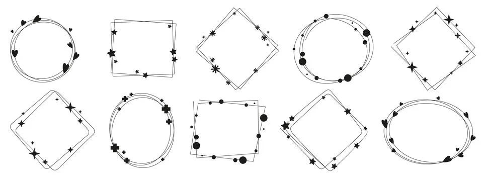 Modern linear frames in a minimalistic style with elements of hearts, stars Illustrazione stock