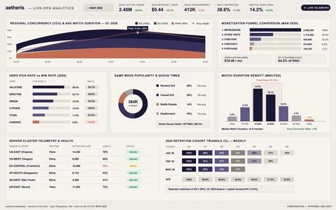 Modern Live Operations Dashboard for Video Game Analytics and Telemetry Stock Illustration