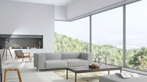 Modern living room and kitchen interior with nature view Stock Footage
