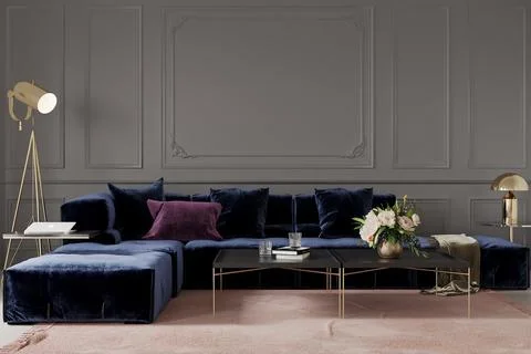 Modern living room with blue sofa, 3d render Stock Illustration