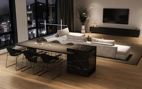 Modern living room features chic furniture and an impressive urban view to enjoy Ilustración de archivo
