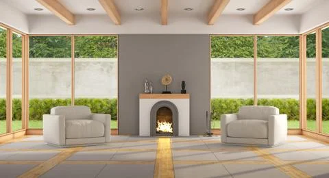 Modern living room with fireplace Stock Illustration