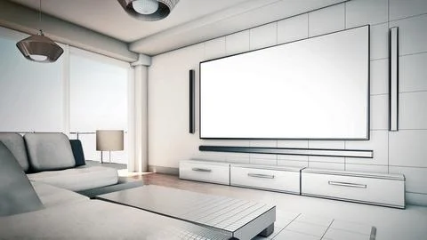 Modern living room half wireframe half standard rendering. 3D illustration Stock Illustration