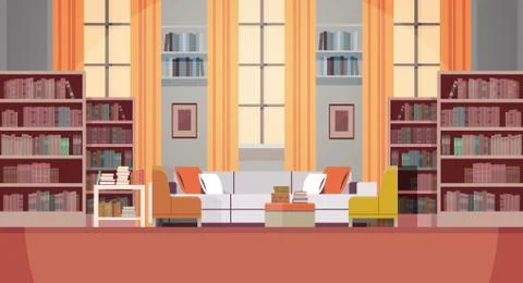 Modern living room interior empty no people book club with furniture horizontal Stock Illustration