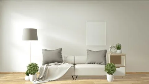 Modern living room interior with sofa and green plants room japanese minimal  Stock Illustration