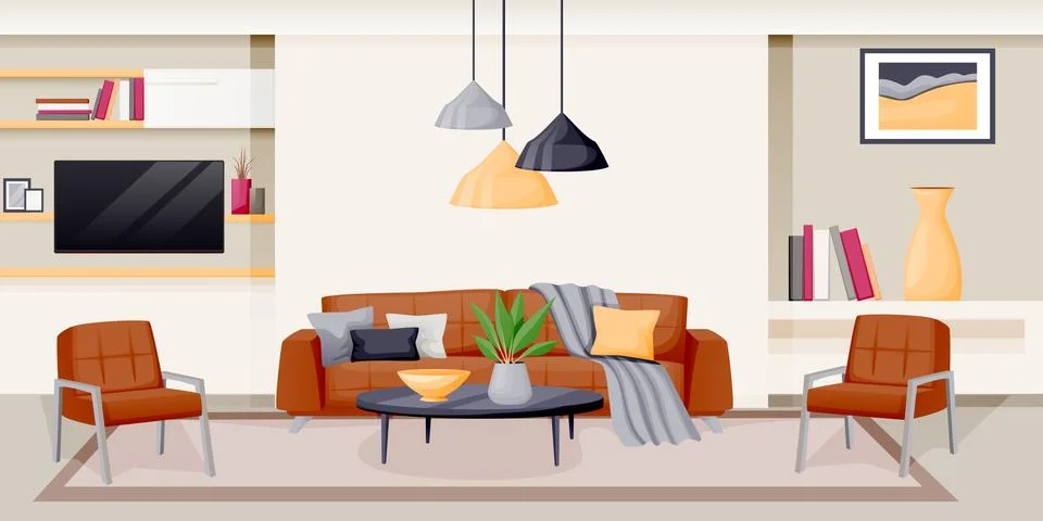 Modern living room interior. Vector flat cartoon illustration. House luxury a Stock Illustration
