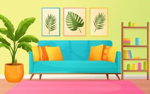 Modern living room interior vector illustration with sofa and plant Stock Illustration