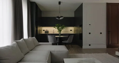 Modern living room kitchen interior design with sofa middle table cabinet dining Stock Footage 277222883
