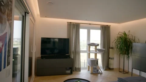 Modern Living Room with Panoramic Windows and Television, Interior Pan Shot Stock-Footage 341566749