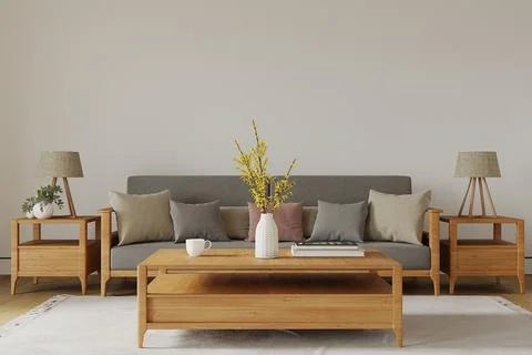 Modern living room with sofa and wooden table, 3d render Stock Illustration