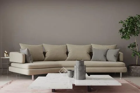 Modern living room with sofa and table and pillows, 3d render Stock Illustration