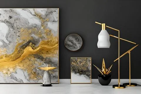 A modern living room with a sofa, table and artwork on the wall Stock Illustration