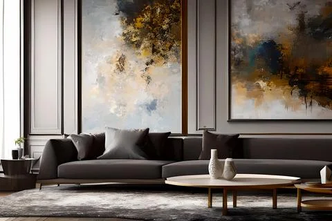 A modern living room with a sofa, table and artwork on the wall Stock Illustration