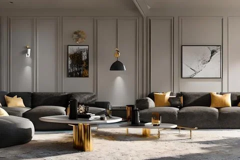 A modern living room with a sofa, table and artwork on the wall Stock Illustration