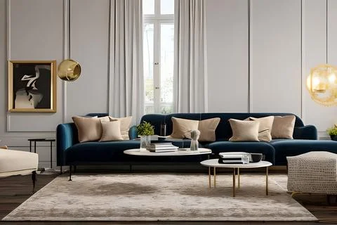 A modern living room with a sofa, table and artwork on the wall Stock Illustration